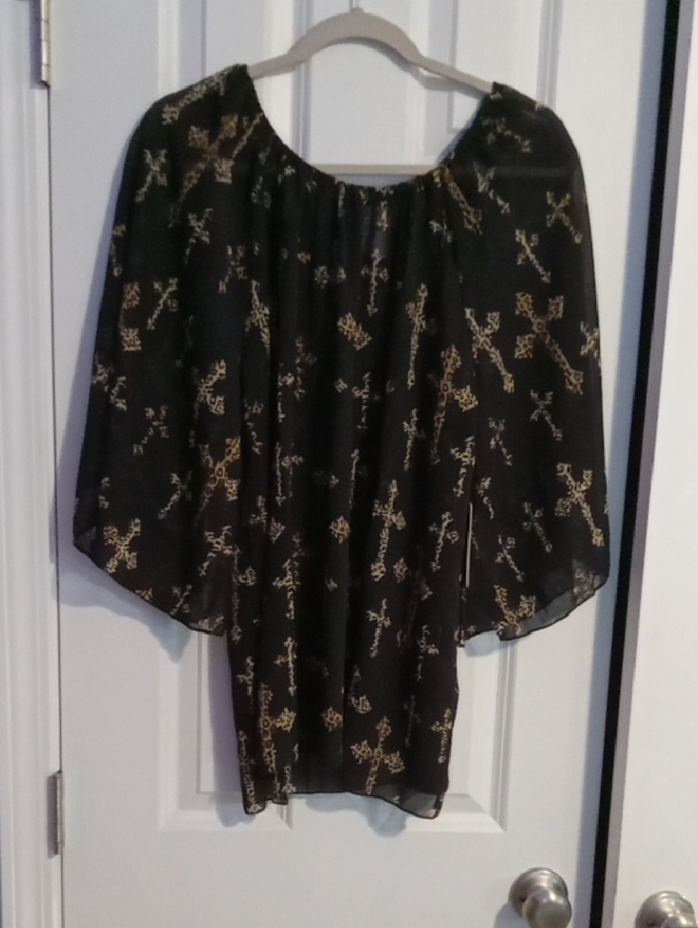 Black Blouse with Gold Cross Print — Sheer Women’s Top